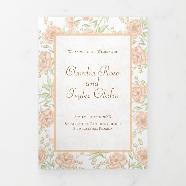 Peach Rose Wedding Programs Tri-Fold Programme (Cover)