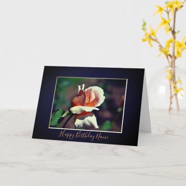 Peach Rosebud Floral Personalised Birthday  Card (Yellow Flower)