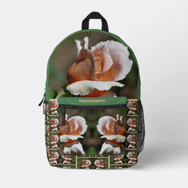 Peach Rosebud Flower Mirror Personalised Printed Backpack (Front)