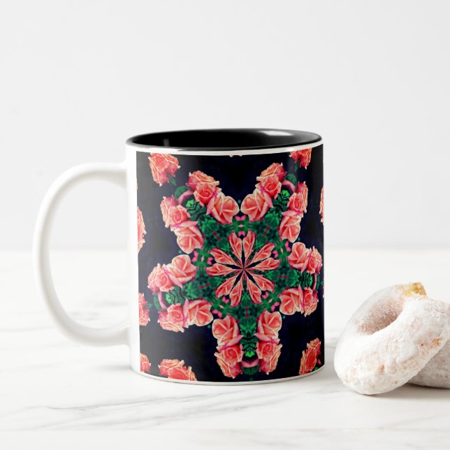 Peach Rosebuds Kaleidoscope Flower Art Two-Tone Coffee Mug (With Donut)