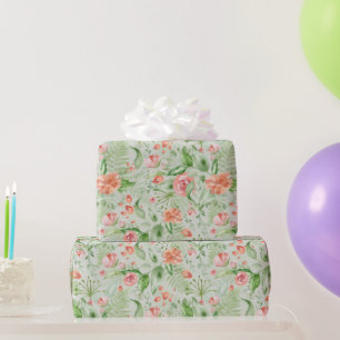 Peach Roses and Hibiscus on Green Wrapping Paper