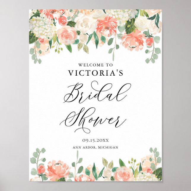 Peach Roses and Hydrangeas Bridal Shower Welcome Poster (Front)
