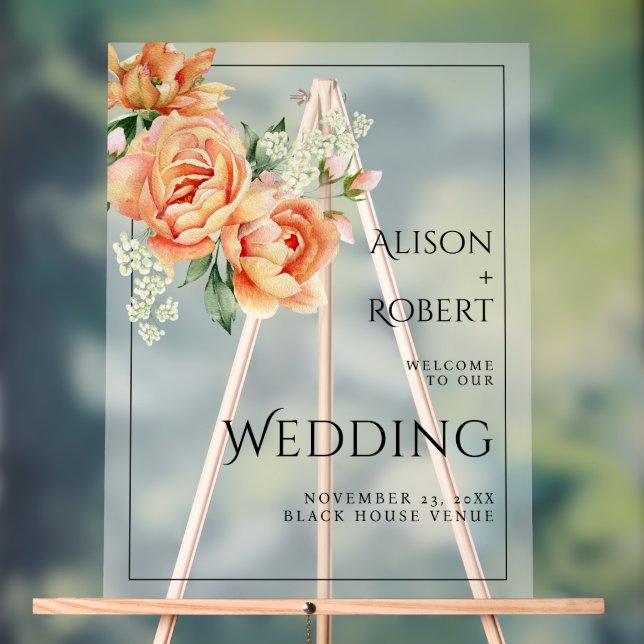 Peach roses and peonies frosted wedding WELCOME Acrylic Sign (Neutral)
