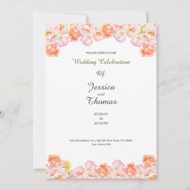 Peach roses botanical classy wedding invitation (Front)