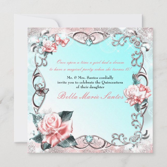 Peach Roses & Butterflies Birthday Party Invitation (Front)