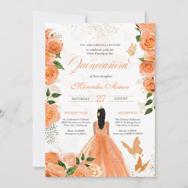 Peach Roses Butterflies Mariposa Quinceanera Invitation (Front)