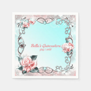 Peach Roses & Butterflies Quinceañera Party Napkin