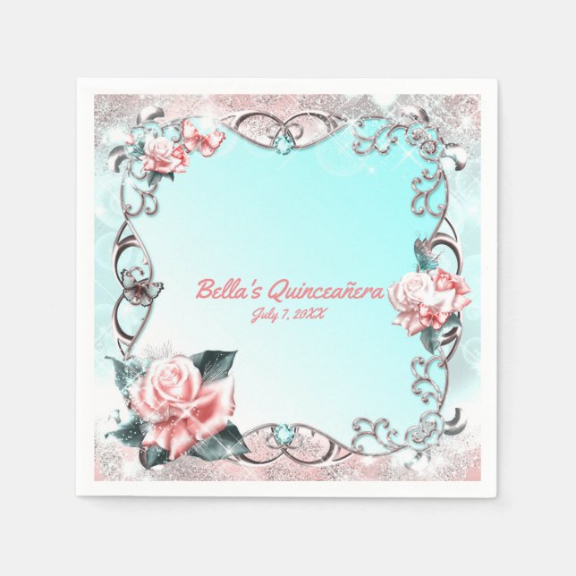 Peach Roses & Butterflies Quinceañera Party Napkin (Front)
