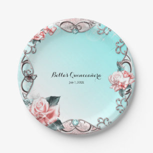 Peach Roses & Butterflies Sparkle Birthday Party Paper Plate