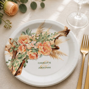 Peach Roses & Driftwood Wedding Paper Plate