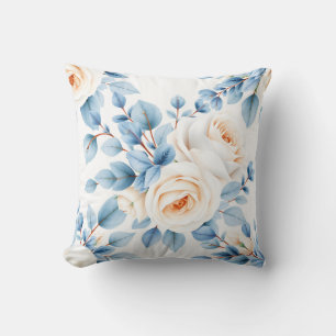 Peach Roses Dusty Blue Eucalyptus Pattern Cushion