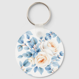 Peach Roses Dusty Blue Eucalyptus Pattern Key Ring