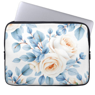 Peach Roses Dusty Blue Eucalyptus Pattern Laptop Sleeve