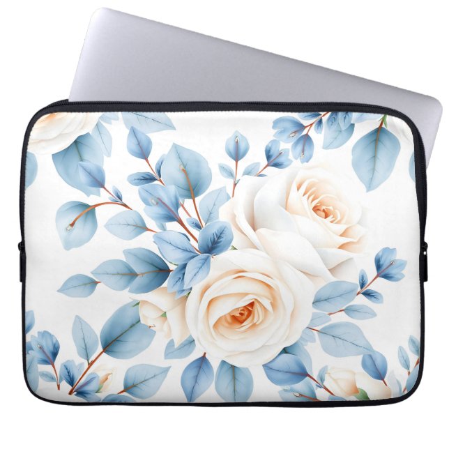 Peach Roses Dusty Blue Eucalyptus Pattern Laptop Sleeve (Front)