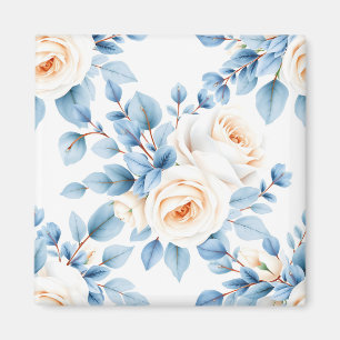 Peach Roses Dusty Blue Eucalyptus Pattern Magnet