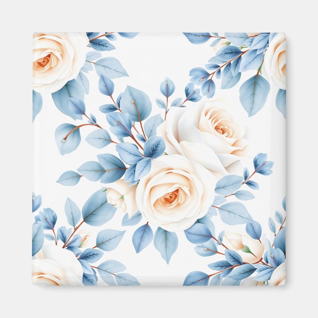 Peach Roses Dusty Blue Eucalyptus Pattern Magnet (Front)