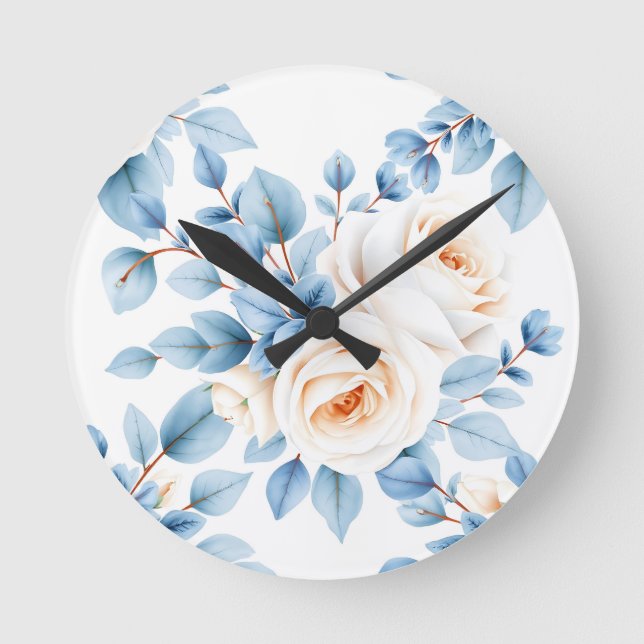 Peach Roses Dusty Blue Eucalyptus Pattern Round Clock (Front)