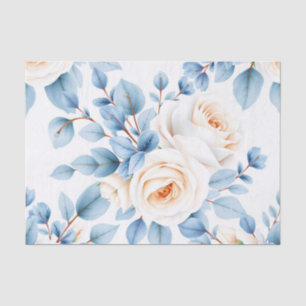 Peach Roses Dusty Blue Eucalyptus Pattern Tissue Paper