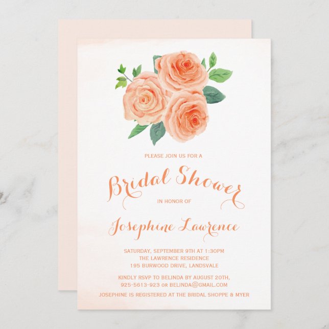 Peach Roses Floral Bridal Shower Invitations (Front/Back)