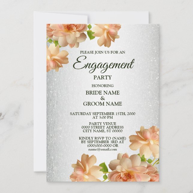 Peach Roses Floral Silver Glitter Engagement Party Invitation (Front)