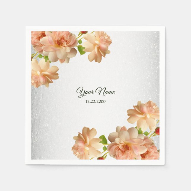 Peach Roses Floral Silver Glitter Wedding Party Napkin (Front)