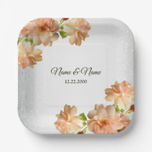 Peach Roses Floral Silver Glitter Wedding Party Paper Plate