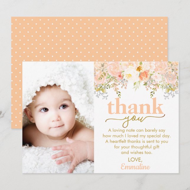 Peach Roses Girl Birthday Photo Thank You Card (Front/Back)