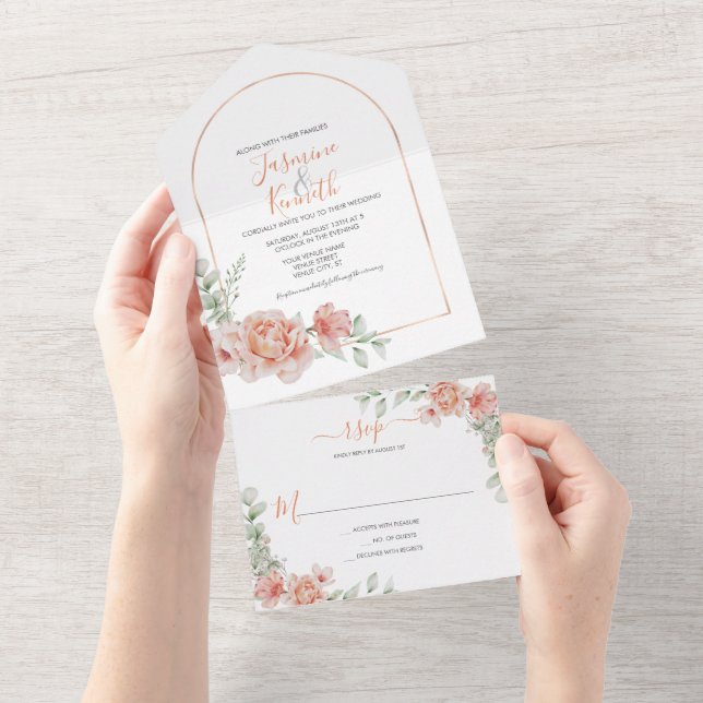 Peach Roses Gold Arch Frame Wedding All In One Invitation (Tearaway)