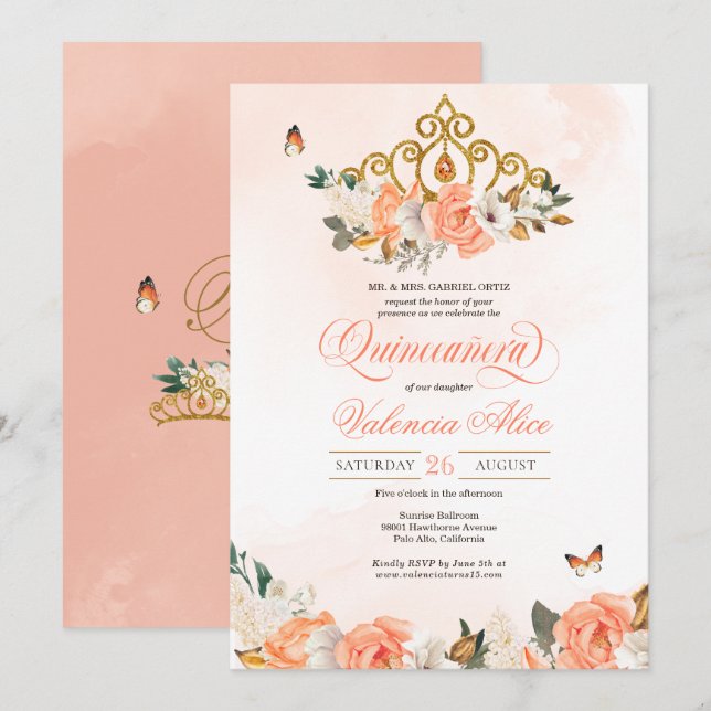 Peach Roses Gold Tiara Butterfly Quinceanera Invitation (Front/Back)