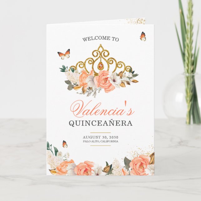 Peach Roses Gold Tiara Butterfly Quinceanera Programme (Front)