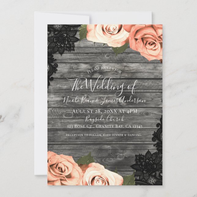 Peach Roses Grey Rustic Wood Black Lace Wedding Invitation (Front)