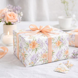 Peach Roses Lavender Cottagecore Floral Pattern Wrapping Paper