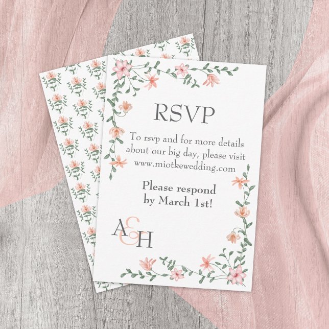 Peach Roses, Leafy Green Vine Wedding RSVP Card (lilac, purple, peach mixed floral patterns, rose vines, border corner wedding rsvp enclosure card)