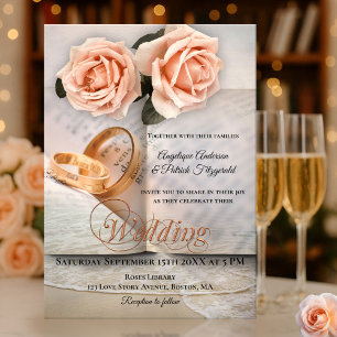 Peach Roses Love Story Book Wedding Invitation