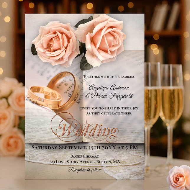 Peach Roses Love Story Book Wedding Invitation (Wedding invitation featuring roses on a book and wedding band background with a soft beach overlay)
