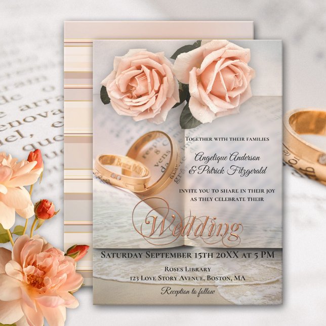 Peach Roses Love Story Book Wedding Invitation (Creator Uploaded)