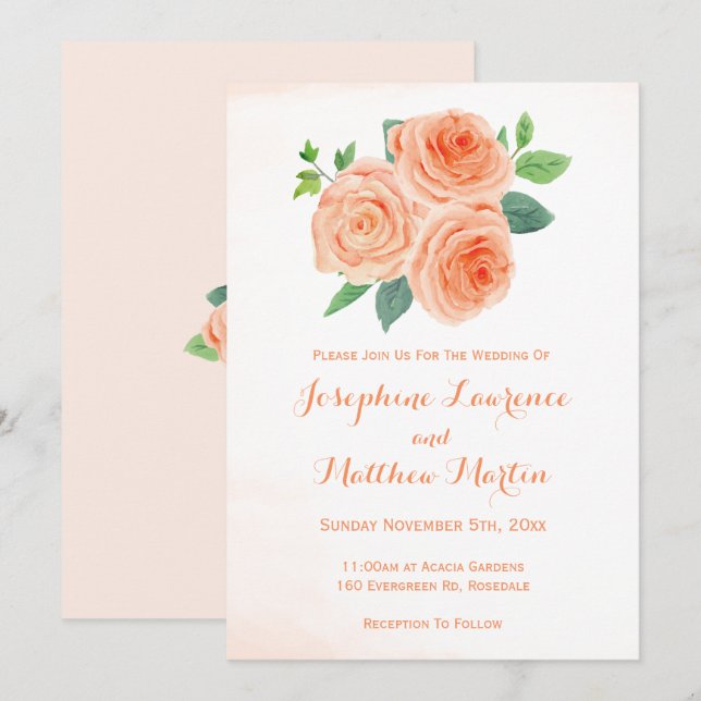 Peach Roses Watercolor Wedding Invitations (Front/Back)