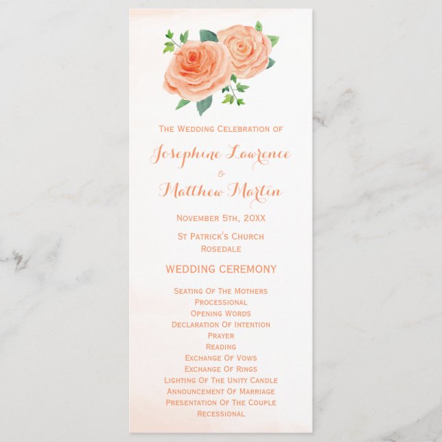 Peach Roses Watercolor Wedding Programs Programme (Front)