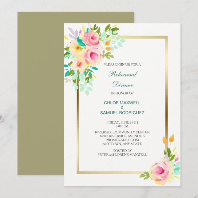 Peach Roses Wedding Rehearsal Dinner Invitation (Front/Back)
