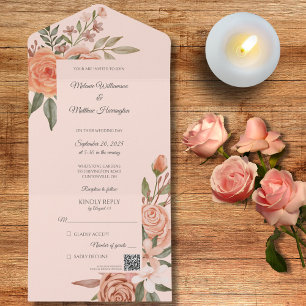 Peach Roses with QR Code All in One Wedding Invite