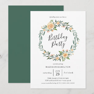 Peach Roses Wreath Birthday Party Invitation