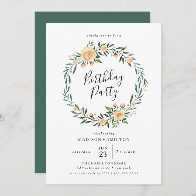 Peach Roses Wreath | Birthday Party Invitation (Front/Back)