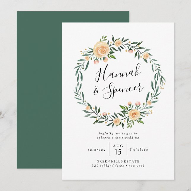 Peach Roses Wreath Wedding Invitation (Front/Back)