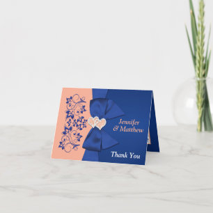 Peach, Royal Blue Floral Wedding Thank You Note Card