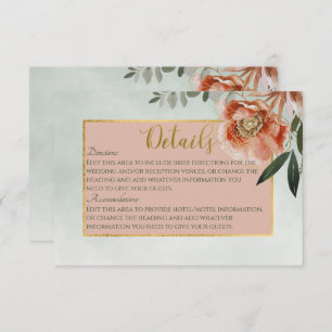 Peach & Rust Flowers on Green Details Wedding Enclosure Card