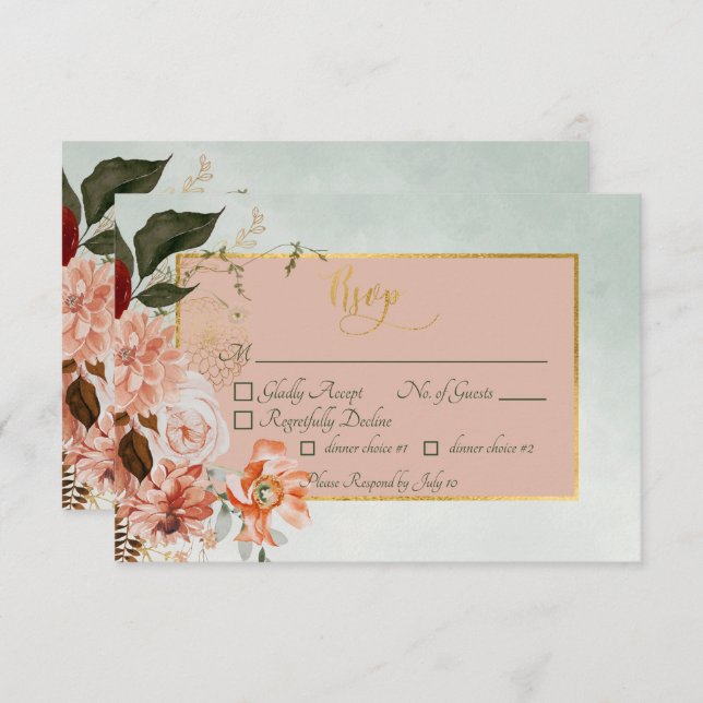 Peach & Rust Flowers on Green Wedding RSVP Card (Front/Back)