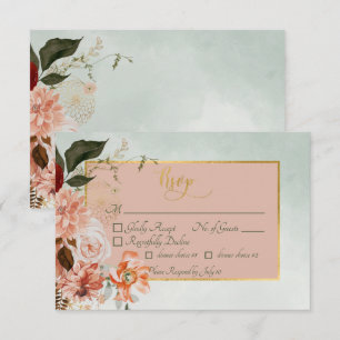 Peach & Rust Flowers on Green Wedding RSVP Card