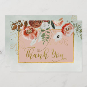 Peach & Rust Flowers on Green Wedding Thank You Card