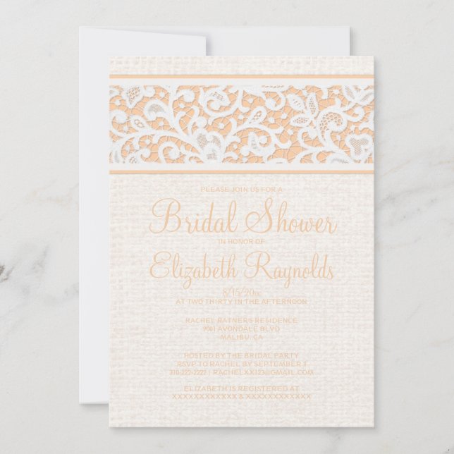 Peach Rustic Burlap Linen Bridal Shower Invitation (Front)