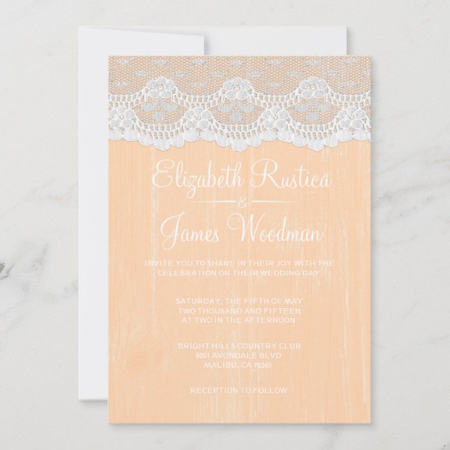 Peach Rustic Lace & Barn Wood Wedding Invitations (Front)